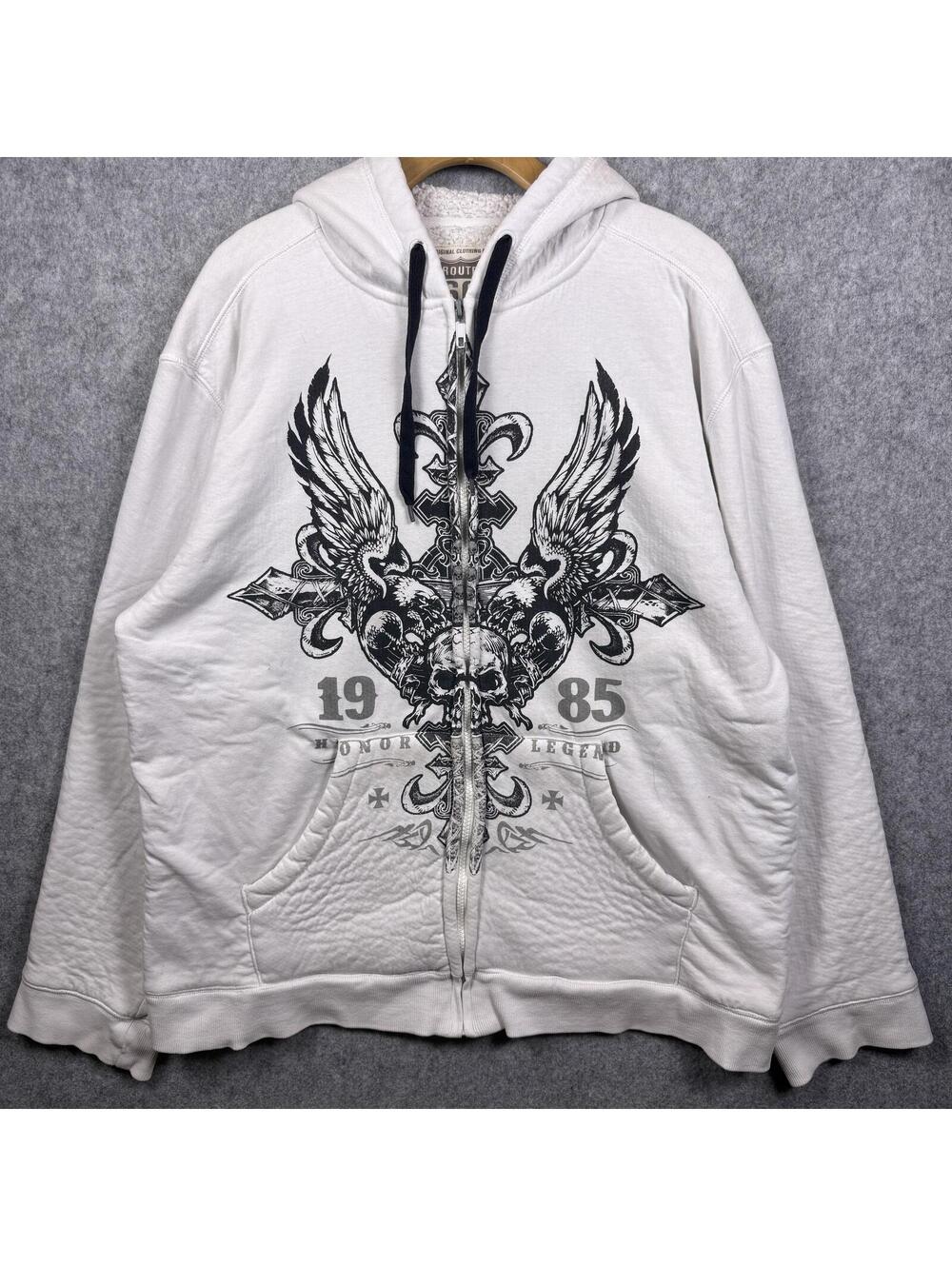 Y2K AE Affliction Style Skull Cross Wings Full Zip Hoodie White XL